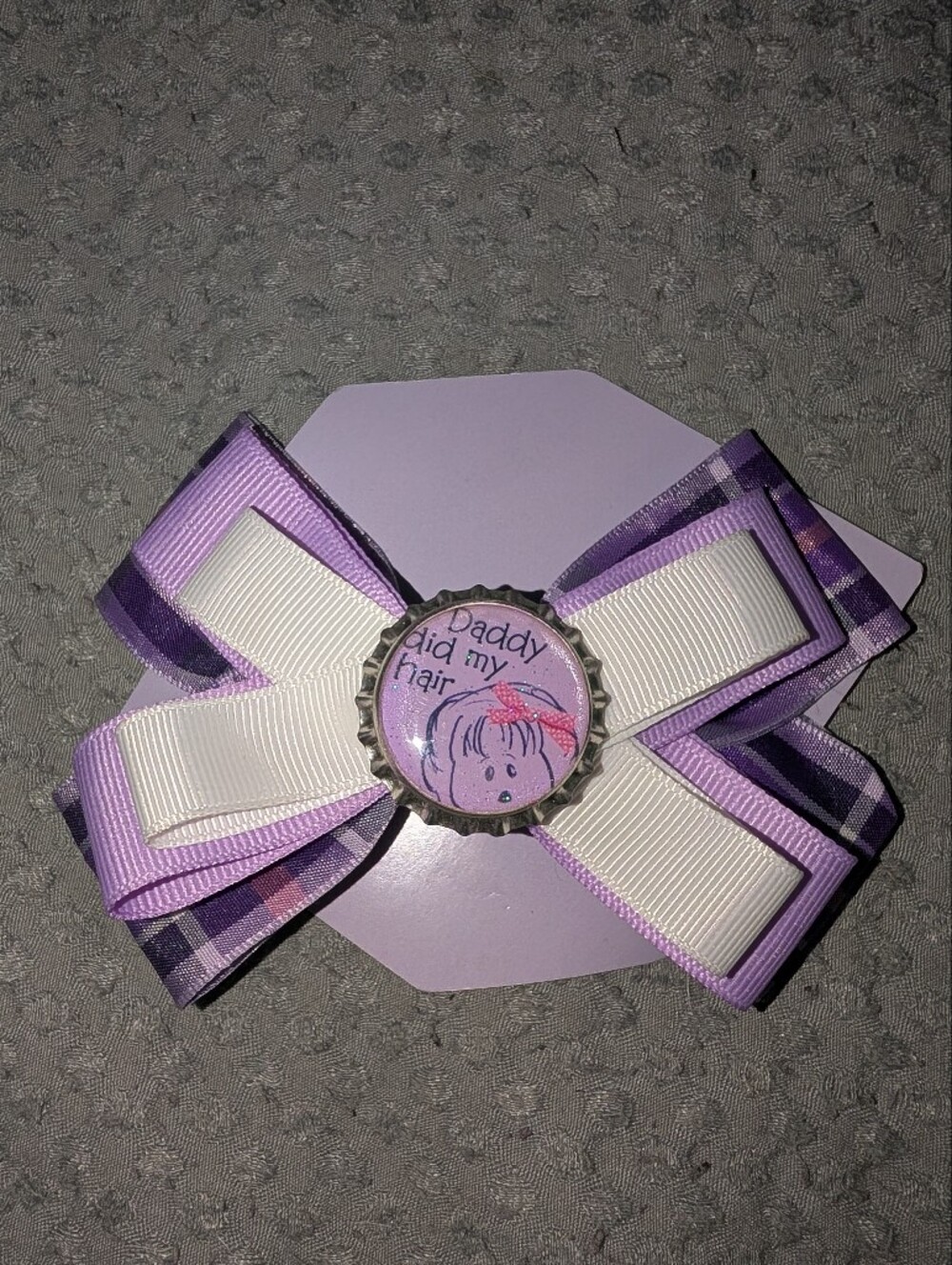 Purple and White Layered Ribbon Hair Bow with Decorative Center